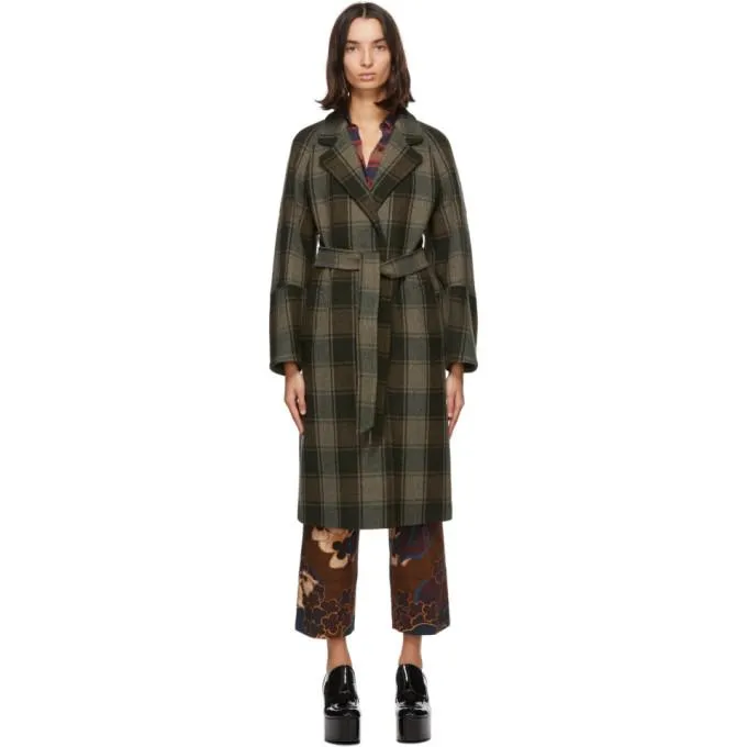 Dries Van Noten Khaki Check Belted Coat