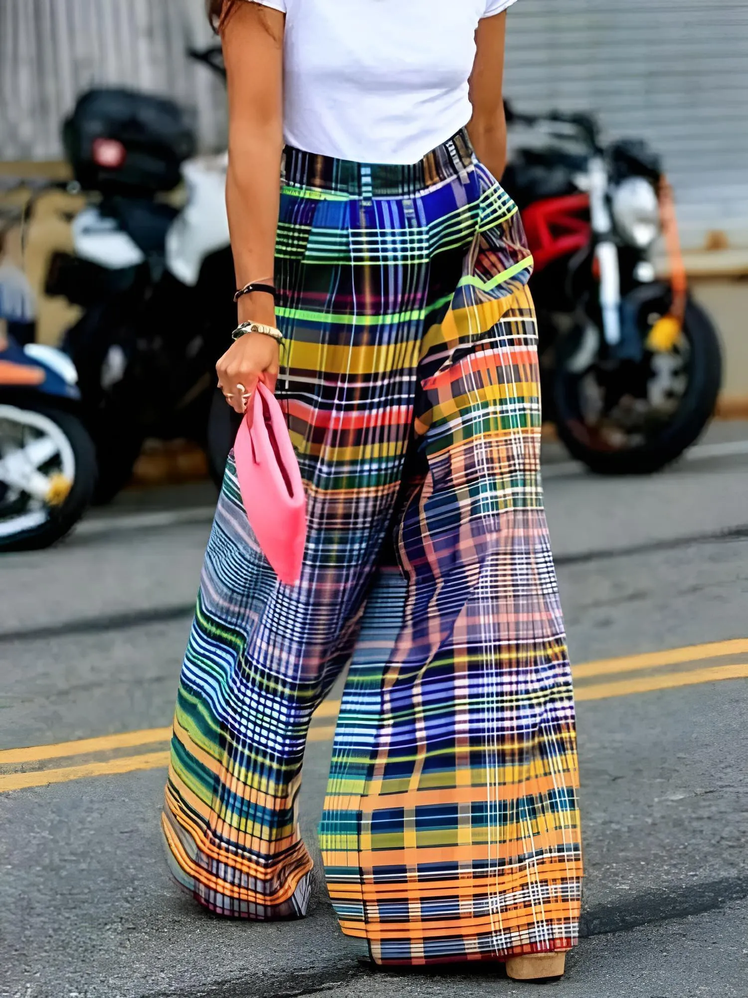 Multi-Colored Women's Vintage Wide Leg Plaid Pants Spring and Summer Loose Casual Wide Leg Pants for Women