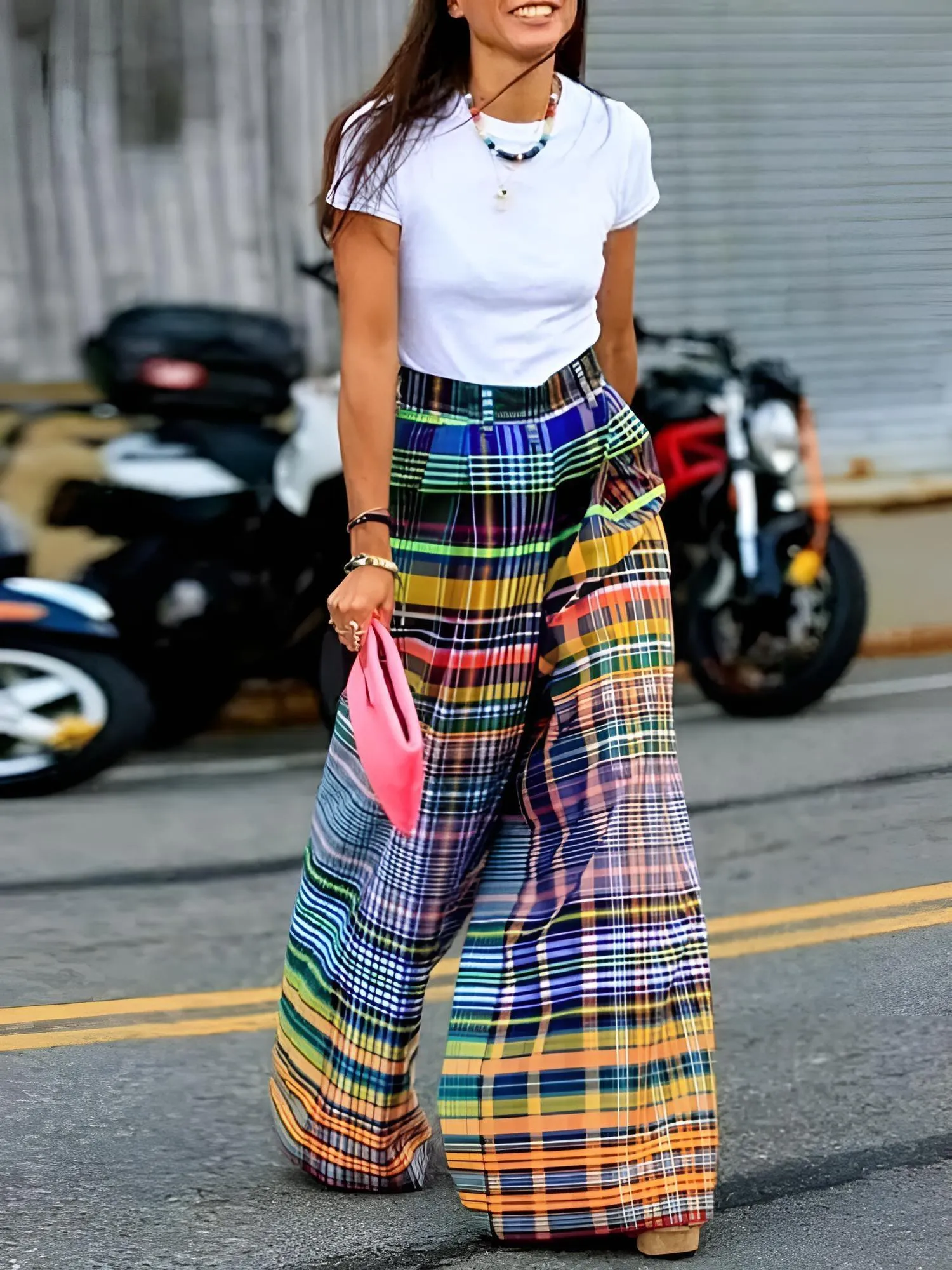 Multi-Colored Women's Vintage Wide Leg Plaid Pants Spring and Summer Loose Casual Wide Leg Pants for Women