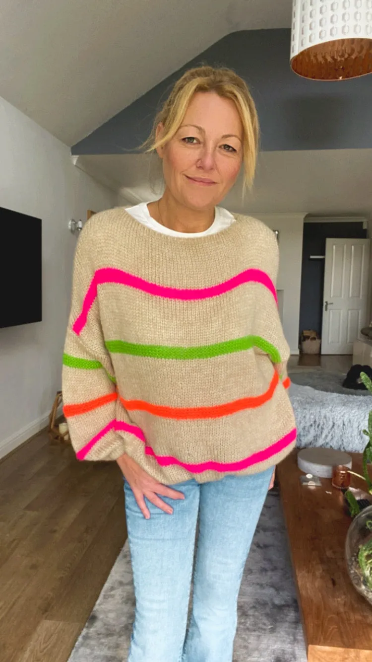 Neon Stripe Jumper - Taupe loo