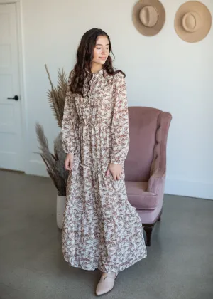 Taupe Ruffle Button Up Floral Chiffon Maxi Dress - FINAL SALE