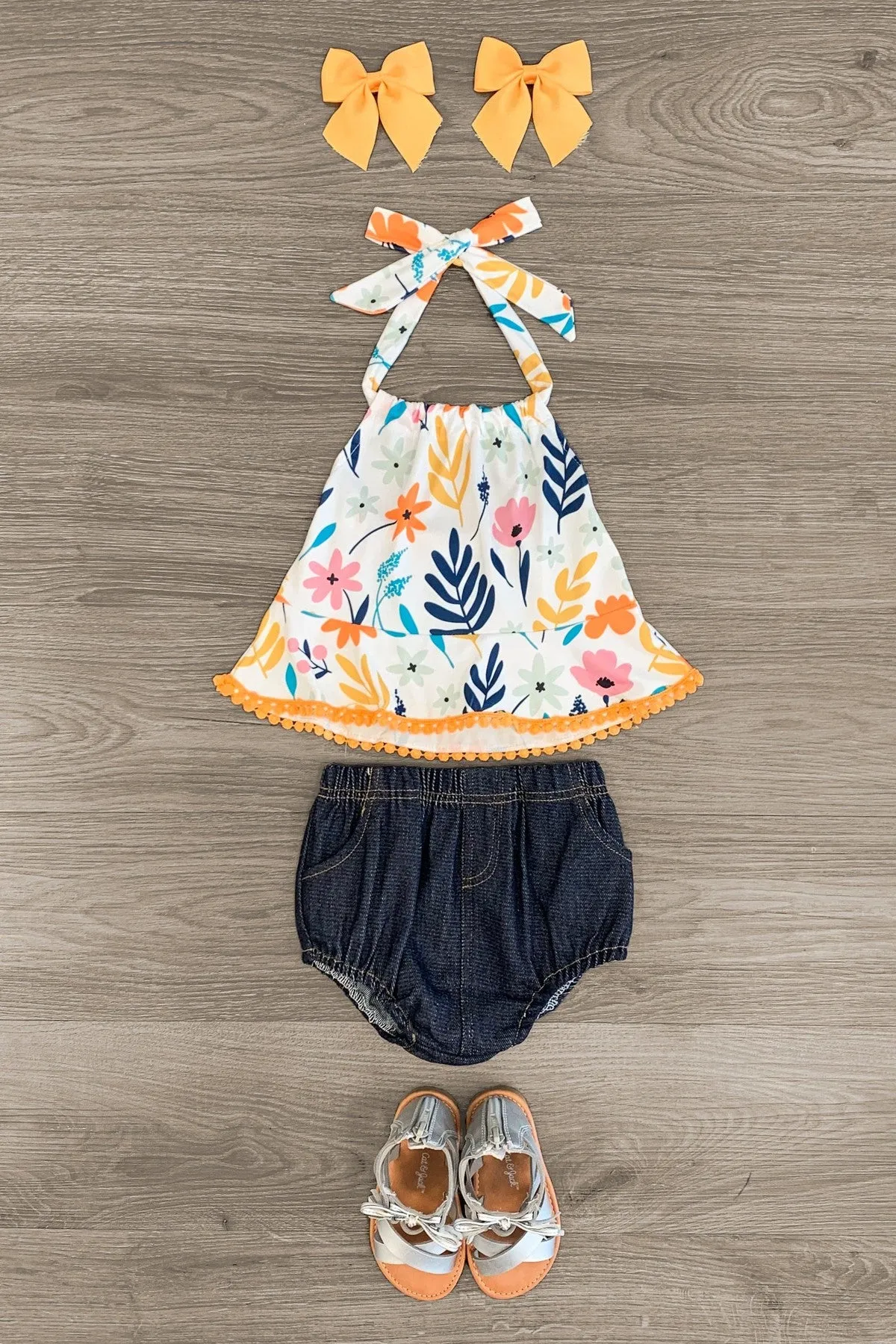 White Floral Halter Denim Bloomer Set